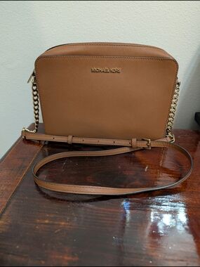 Michael Kors Tan Saffiano Crossbody with Gold Chain